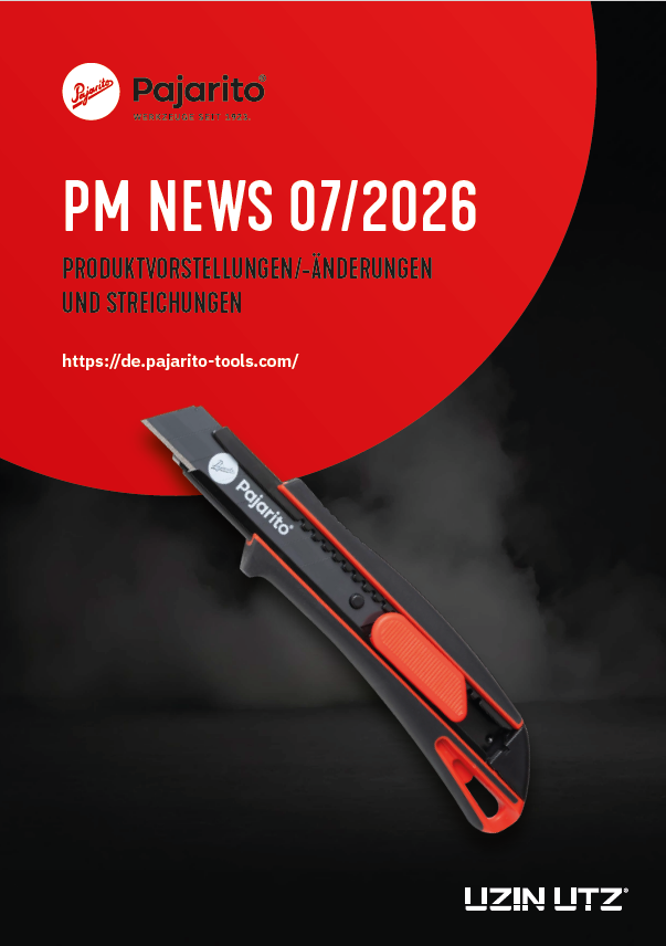 Auf einem dunklen, rauchfarbenen Hintergrund ist ein Universalmesser mit rot-schwarzem Griff abgebildet. Der Text darüber lautet: „Pajarito PM News 07/2026 Produktvorstellungen/-änderungen und Streichungen.“.