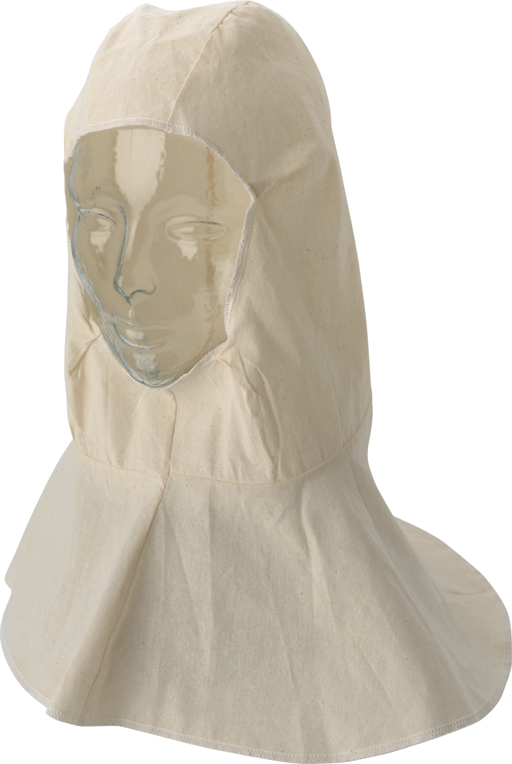 Pajarito_Dummy_Bonnet_055945_2021-02 Nahaufnahme einer cremefarbenen Baumwollkapuze mit weiter Halskrause, präsentiert auf einem transparenten Schaufensterkopf; die Kapuze besitzt eine ovale Gesichtsöffnung mit sichtbarer Overlocknaht, ausgeprägte Nähte und eine natürliche Stoffstruktur mit kleinen Einsprengseln, die auf ungebleichten Canvas oder schweren Baumwollstoff und ein schlichtes, funktionales Design hindeuten.