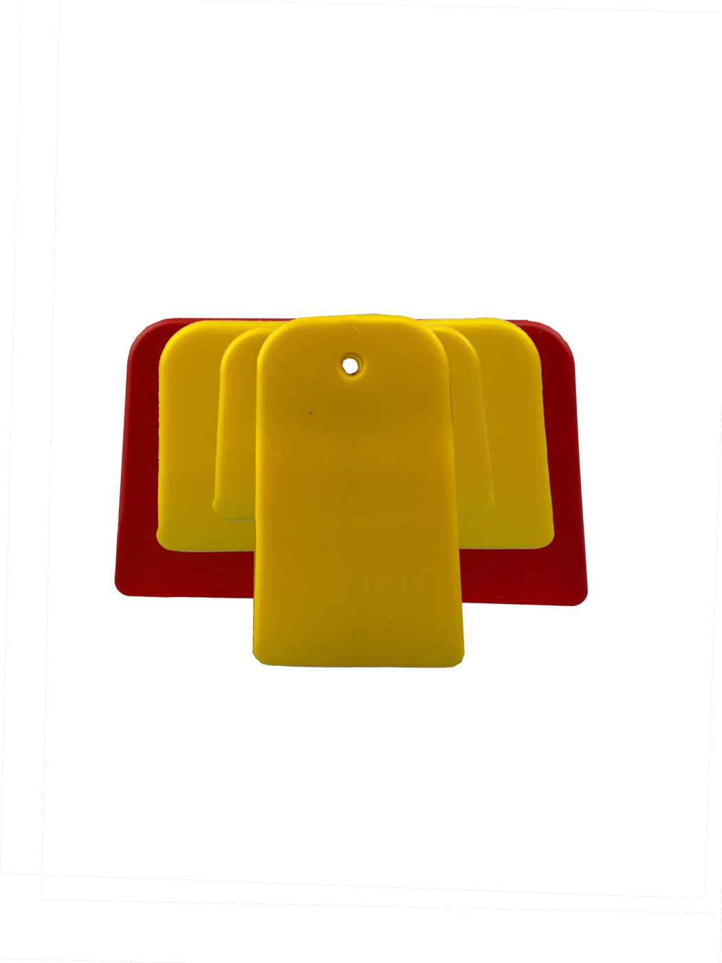 Pajarito_Dumy_Plastic surface smoothing trowel conical_014108_2023-01 Nahaufnahme mehrerer gestapelter Kunststoff‑Identifikationsmarken in leuchtendem Gelb und Rot auf rein weißem Hintergrund. Die Marken sind rechteckig mit abgerundetem oberen Ende; die vorderste gelbe Marke besitzt eine kleine runde Befestigungsöffnung mittig nahe dem oberen Rand. Drei gelbe Marken überlappen eine rote Marke dahinter und bilden eine symmetrische, fächerähnliche Anordnung. Die matte Kunststoffoberfläche, weiche Studiobeanspruchung und die zentrierte Komposition betonen Form, Farbe und Textur der Marken und erzeugen einen starken Kontrast zum weißen Hintergrund.