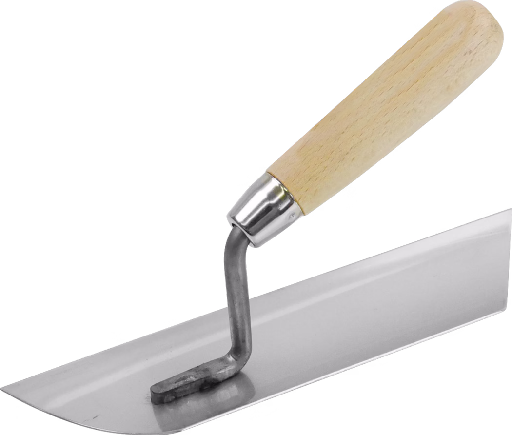 Eine rechteckige Glättkelle mit glatter Edelstahlklinge und rundem Holzgriff, verbunden durch einen gebogenen Metallschaft; sie wird zum Glätten von Putz, Mörtel oder Betonoberflächen verwendet.