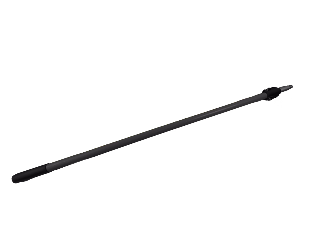 Pajarito_Dummy_Telescopic rod_021680_2023-01 Eine lange, schlanke, dunkelgraue Teleskopstange, diagonal auf einem schlichten weißen Hintergrund abgebildet. Das linke Ende besitzt einen weichen, schwarz gummierten Griff; der Metallschaft hat eine matte Oberfläche und zeigt eine sichtbare Verbindung, die auf ausziehbare Segmente hinweist. Am rechten Ende befindet sich eine kompakte, schwarze Klemme/Verbindungsvorrichtung und eine zulaufende silberne Metallspitze zur Befestigung von Zubehör. Gleichmäßige Studiobeleuchtung erzeugt leichte Schatten unter der Stange; das Objekt wirkt sauber, funktional und für modulare Erweiterungen oder professionelle Einsatzzwecke ausgelegt.