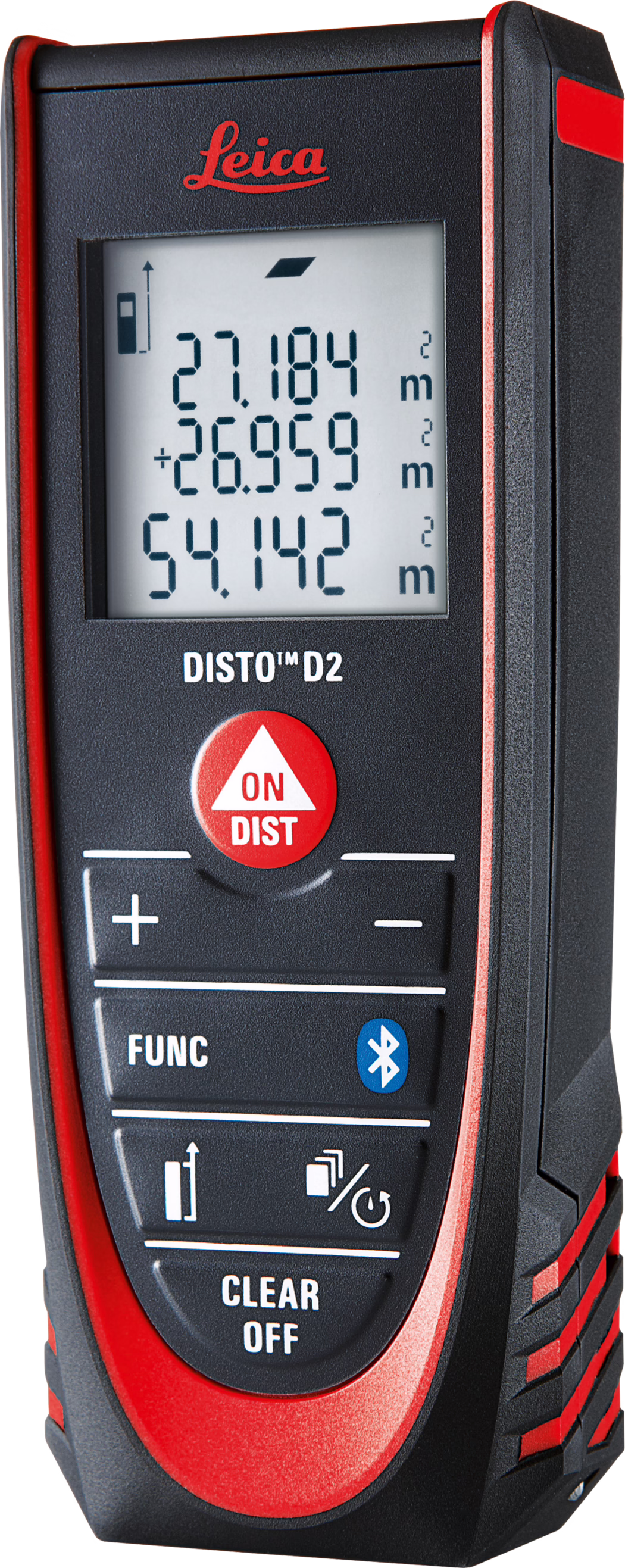 Handliches Leica DISTO D2 Laser-Entfernungsmessgerät mit schwarzem, rot akzentuiertem, gummiertem Gehäuse. Großes beleuchtetes LC-Display zeigt Messwerte (27,184; +26,959; Gesamt 54,142 m) mit Einheiten und Symbolen für Messmodus und Akku. Auffällige rote runde ON/DIST-Taste, Plus-/Minus-Tasten, FUNC- und CLEAR/OFF-Tasten sowie Bluetooth-Symbol. Kompaktes, ergonomisches Design mit strukturierten Griffbereichen und Leica-Logo; geeignet für schnelle und präzise Distanz-, Flächen- und Summenmessungen auf der Baustelle und bei Innenausbauarbeiten.