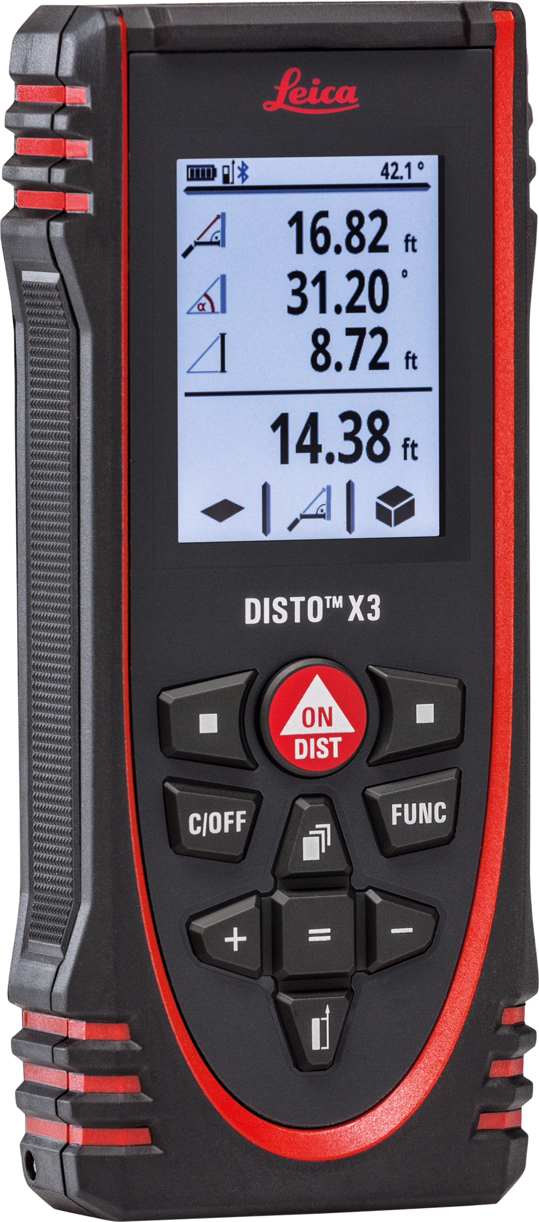 Pajarito_Dummy_Leica Disto X3_021135_2021-03 Nahaufnahme eines Leica DISTO X3 Hand-Laser-Entfernungsmessers. Das schwarz-rote Gerät zeigt ein helles LCD-Display mit großen Ziffern (16,82 ft, 31,20°, 8,72 ft und Gesamt 14,38 ft), Symbolen für Batterie und Bluetooth sowie Piktogrammen für Messmodi. Unter dem Display befinden sich die rote runde ON/DIST-Taste, mehrere Funktions- und Navigationstasten und die Beschriftung DISTO™ X3. Das Gehäuse kombiniert strukturierte Gummigriffe mit roten Metallakzenten und wirkt robust und mobil.